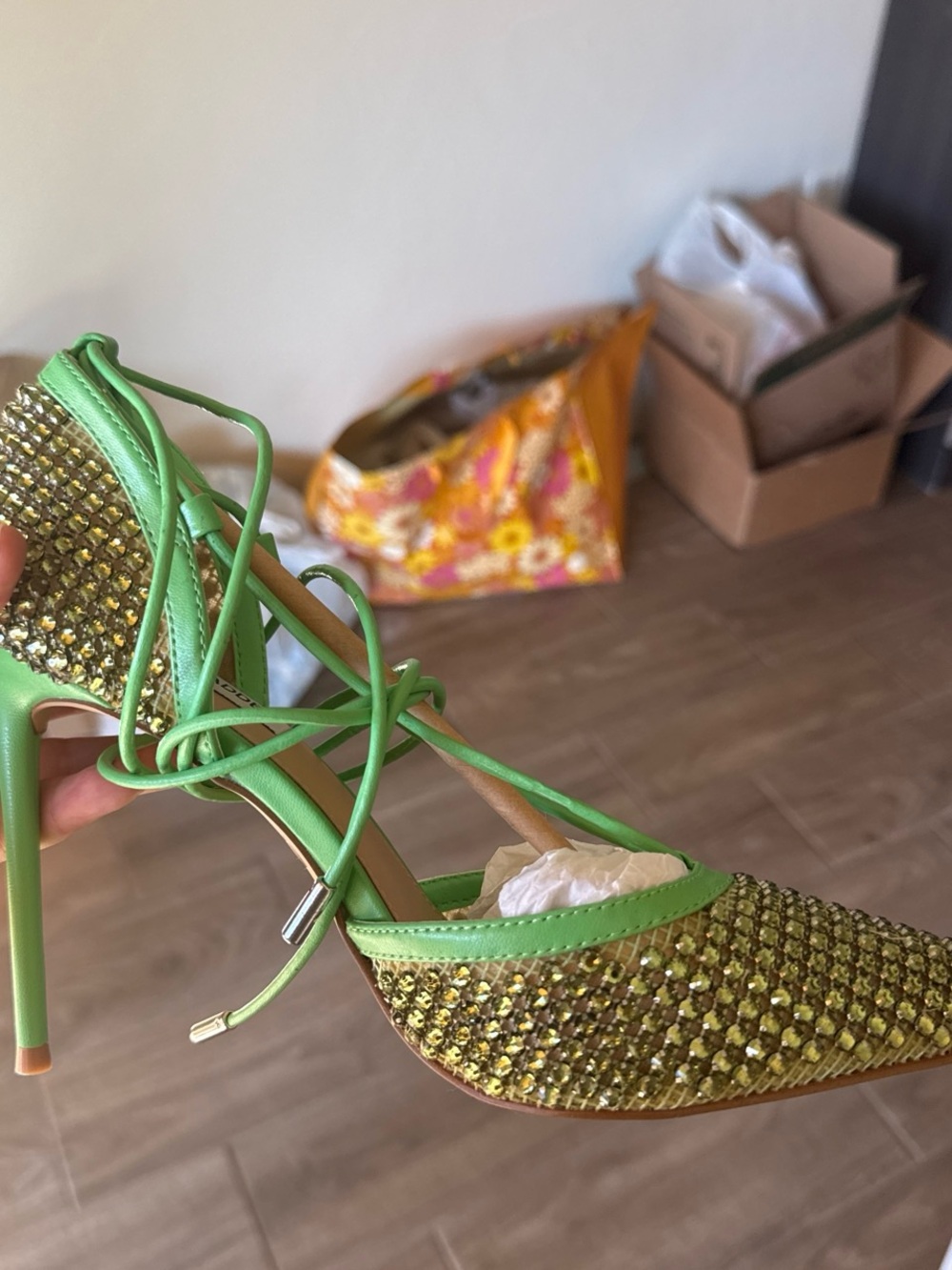 Steve Madden Lime Green Crystal Pointed Lace-Up Flat - Picture 3 of 5